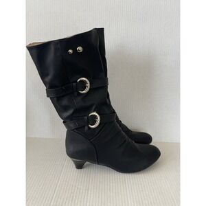 Stylish Black Slouch Mid Calf Double Buckle Boots EU 43 US 11 NWOB Kitten Heel